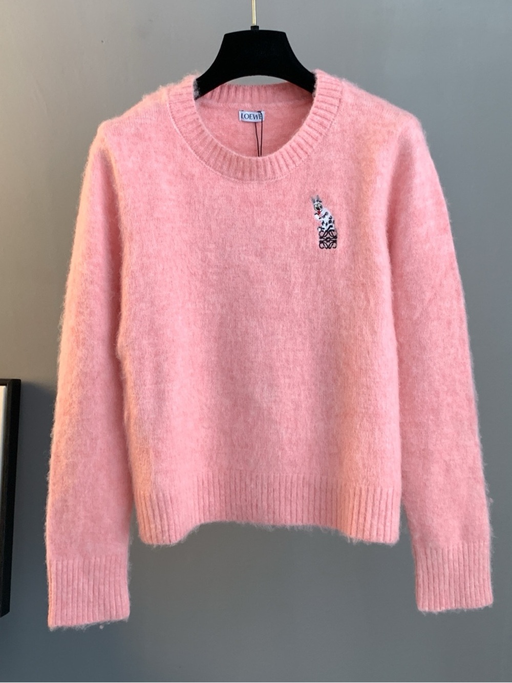 Loewe Pastel Pink Fuzzy Crewneck Sweater with Embroidered Cat Motif